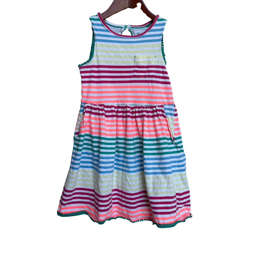 Mini Boden Girls Rainbow Multi Stripe Pocket Dress Sleeveless Pom Pom Trim 6-7Y